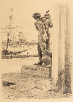 Подпись неразборчивая. Вид на скульптуру &laquo;Похищение Прозерпины Плутоном&raquo; у Горного института в 