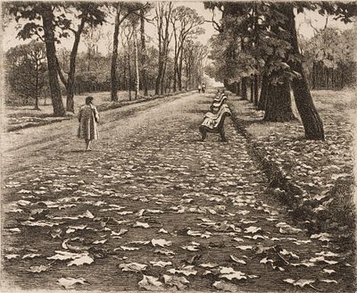 Белоусов П. П. Листопад. 1984. Бумага, офорт, акватинта. Размер листа 36х42,7 см. Хорошее 