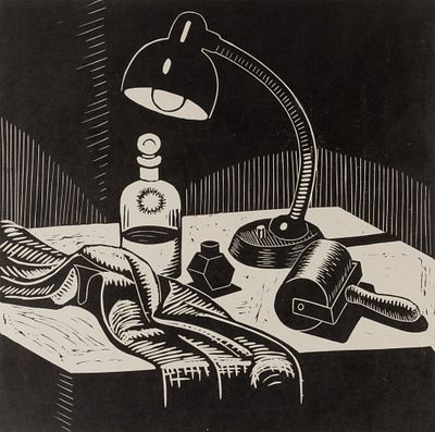 Круглов А. С. Натюрморт с лампой. 1973. Бумага, линогравюра. Размер 30х30 см. Хорошее 