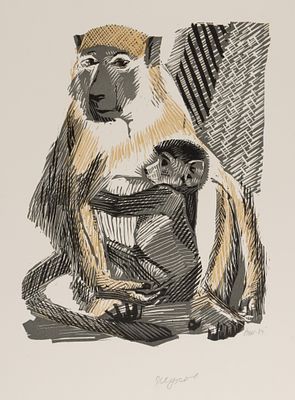 Жуков В. Обезьяна с детенышем. 1984. Цв. линогравюра. Размер листа 40х30 см. Хорошее состояние. 
