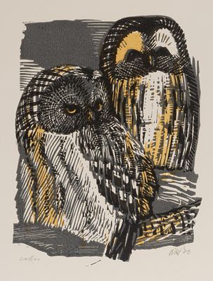 Жуков В. Совы. 1970. Цв. линогравюра. Размер листа 41х31,7 см. Хорошее состояние. Подпись 