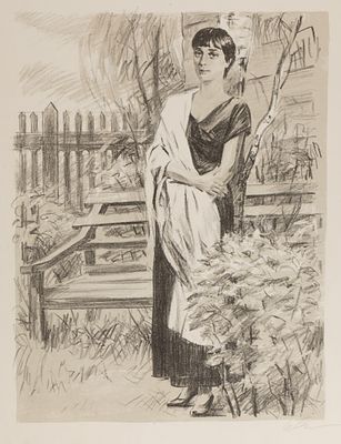 Боровский Д. Б. Анна Ахматова в саду. 1980-е гг. Автолитография. Размер листа 46,5х38 см. Условн 