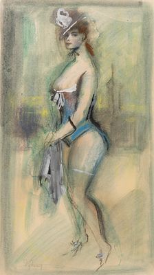 Рудаков С. К. Будуар. Дама в шляпе с белым бантом. Вторая половина XX в. Бумага, смешанная 