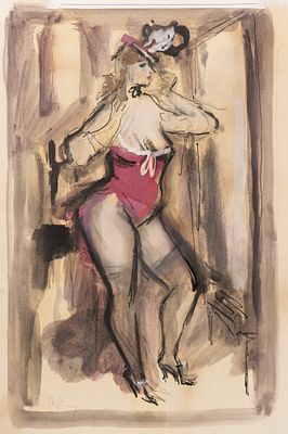 Рудаков С. К. Будуар. Дама в розовом корсете. Вторая половина XX в. Бумага, смешанная техника. 