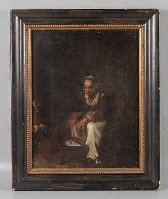 Н/х. Пожилая женщина греет руки над очагом. Конец XIX - первая четверть XX века. Холст, масло. 