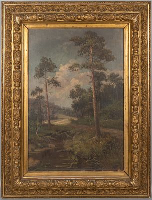 Н/х. Вид на сосны и реку. Вторая половина XIX века. Холст, масло. Размер по раме 86,5х66 см. Усл 