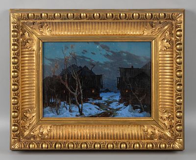 Гужавин М. М. Весенние сумерки. 1926. Фанера, масло. Размер 21,5х28,6 см. Размер по раме 36,5х45 см.