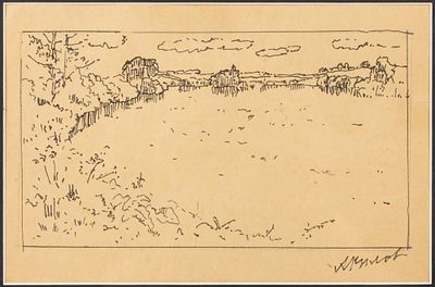 Рылов А. А. [по подписи]. Берег озера. Перв. пол. XX века. Бумага, тушь. Размер в свету 16х24,5 