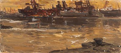 Баженов В. А. Нева индустриальная. 1958. Картон, масло. Размер 10х22,5 см. Хорошее состояние. 