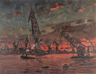 Баженов В. А. Судоверфь. 1965. Картон, масло. Размер 25х32,5 см. Хорошее состояние. Провенанс: 