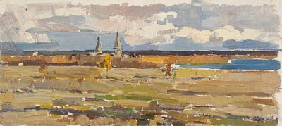 Балдина И. М. Деревня погост. 1957. Картон, масло. Размер 16х35 см. Хорошее состояние. 