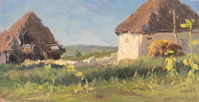 Ткачев М. Е. Подсолнухи. 1956. Картон, масло. Размер 16х31 см. Хорошее состояние. Следы 