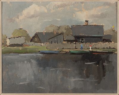 Калнрозе В. К. Дома на берегу. 1958. Картон, масло. Размер 37х47 см. Размер по раме 49,5х60 см. 