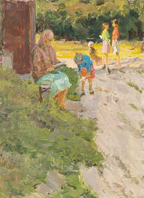 Маевский Д. И. На улице. 1960. Картон, масло. Размер 23,5х17,5 см. Хорошее состояние. Следы 