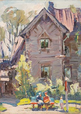 Семенов А. М. У дома. Двусторонняя картина. 1964. Картон, масло. Размер 29,5х21 см. Хорошее 