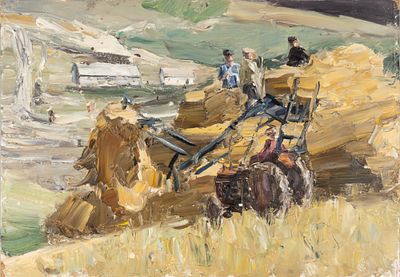 Мищенко Ф. Г. Жатва. 1960-е гг. Картон, масло. Размер 33х47 см. Хорошее состояние. Потертости 