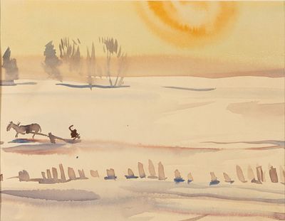 Тюленев В. И. На санях, зимой. 1968. Бумага, акварель. Размер 17х21 см. Хорошее состояние. Лист 