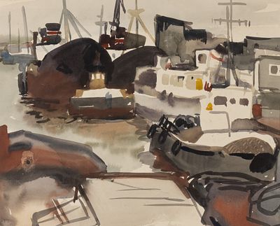 Тюленев В. И. В порту. 1960-е гг. Бумага, акварель. Размер 21х31 см. Хорошее состояние. Лист 