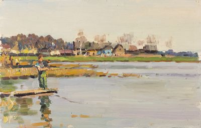 Бочаров Ю. Ф. Рыбаки. Этюд. 1960-1970-е гг. Картон, масло. Размер 22,5х35 см. Хорошее 