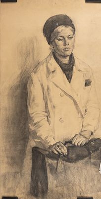 Бочаров Ю. Ф. Модель в белом пальто. 1960-е гг. Бумага, уголь. Размер листа 99х51 см. Хорошее 