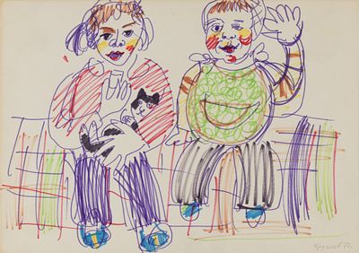 Круглов А. С. Сестренки с котенком. 1977. Бумага, фломастеры. Размер 21х29 см. Хорошее 