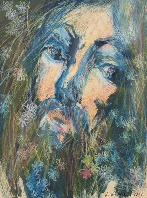Габтский Дж. (Gabtski J.) Портрет мужчины с цветами в бороде. 1971. Бумага, смеш. техника. 