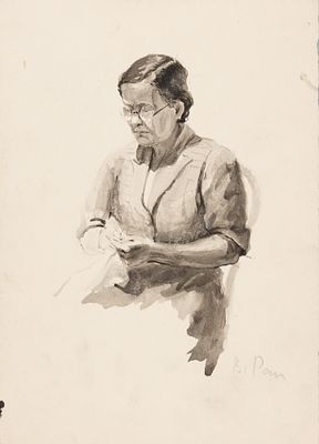 [Группа &laquo;Одиннадцать&raquo;] Рахина В. И. Портрет шьющей женщины. Конец 1940-х гг. Бумага, тушь. 