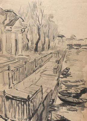 [Группа &laquo;Одиннадцать&raquo;] Рахина В. И. У Михайловского сада. 1950-е гг. Обои, тушь. Размер 83х49,5 см.