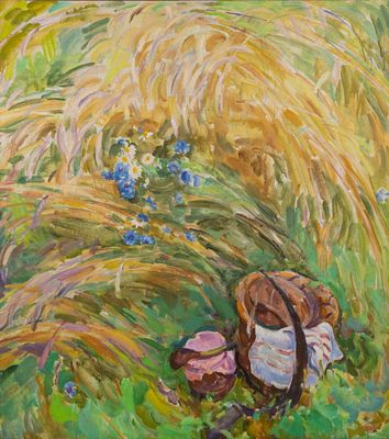 [Группа &laquo;Одиннадцать&raquo;] Антипова Е. П. Пейзаж с серпом. 1993. Холст, масло. Размер по раме 106х96 см.