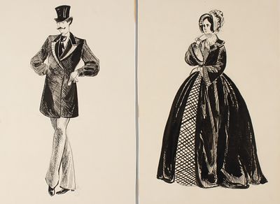 Н/х. Эскизы театральных костюмов. 2 л. 1970-е гг. Бумага, тушь, карандаш. Размеры листов 28 