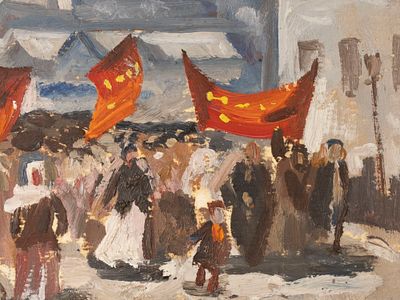 Бабасюк Н. Л. Эскиз картины &laquo;Стачка&raquo;. 1970. Бумага, масло. Размер 11х12 см. Размер листа 20х25 