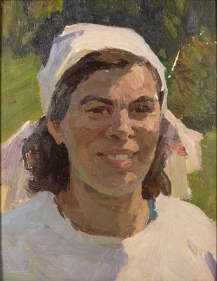 Фокин Л. А. Доярка Дуся. 1969. Картон, масло. Размер 48х33 см. Размер по раме 53х44 см. Условно 