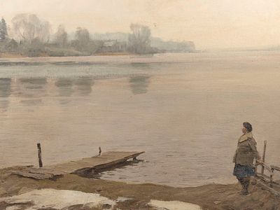 Фокин Л. А. Лед сошел. 1981. Картон, масло. Размер по раме 56х86 см. Внизу подпись автора. 