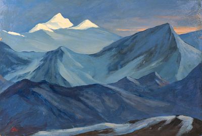 Иванов В. Я. Вершины вечером. Памир. 1982. Оргалит, темпера, лак. Размер 60х74 см. Хорошее 