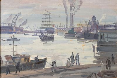 Суворов И. В. Вид на порт. 1990-е гг.(?) Картон, масло. Размер по раме 41,5х57 см. Условно 