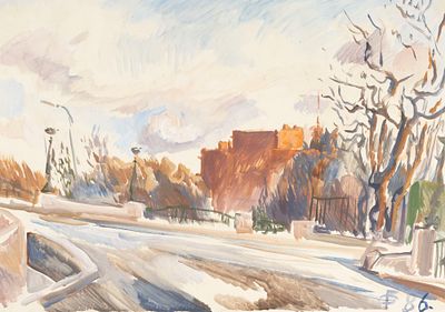 [Группа Эрмитаж] Головачев Б. Ф. Вид на Михайловский замок. 1986. Бумага, гуашь. Размер листа 