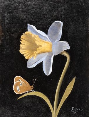 Данилова Е. А. Голубой нарцисс. 2024. Холст на картоне, масло. Размер 24х18 см. Хорошее 