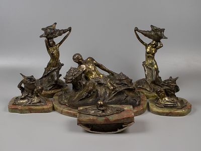 Модерн. Письменный набор. 6 предметов. Наяды и тритоны. Рубеж XIX - ХХ в. Подсвечники. 2 шт. 