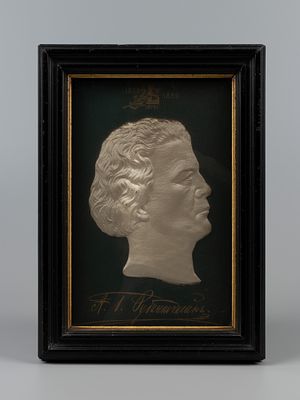 Портрет композитора Рубинштейна. Барельеф на ткани. Кон. XIX в. В раме. Рама размером 26х18.5 