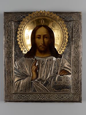 Икона в окладе. Господь Вседержитель. Нач. XX в. Дерево, масло, латунь, серебрение. Размер 