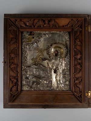 Икона в киоте. Праведная Елисавета, XIX в. Дерево, левкас, масло, металл, серебрение, чеканка. И 