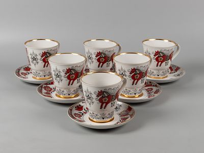 Чайные пары. 6 шт. Конь-огонь ("Народные узоры"). По рис. А. Воробьевского. ЛФЗ. 1990-2010-е. 