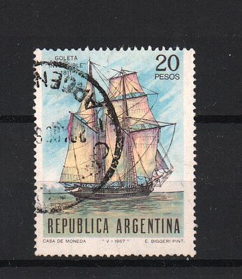 Почтовая марка Аргентины. Парусник. 1967 г. Мих. №963. Гашеная.