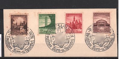 Почтовые марки III Рейха. 1938 г. Лист с наклеенной серией марок Мих. №665-668 и спецгашениями.
