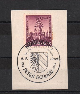 Почтовая марка III Рейха. 1942 г. Лист с наклеенной маркой Мих. №819 и спецгашением.