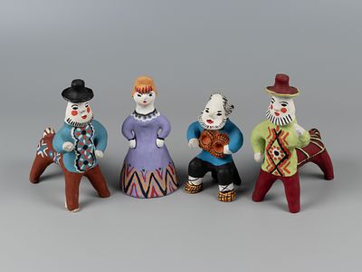 Каргопольская игрушка 4 шт. Крестьянка, Мужик с лаптями. Два Палкана. Беломорские узоры 
