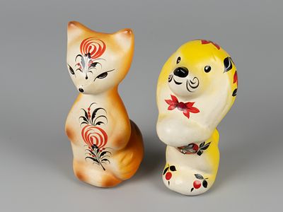 Ермиловская игрушка. Собака и лиса. 2 шт. Хохломской художник, 1970-1980-е. Прессованные опилки 