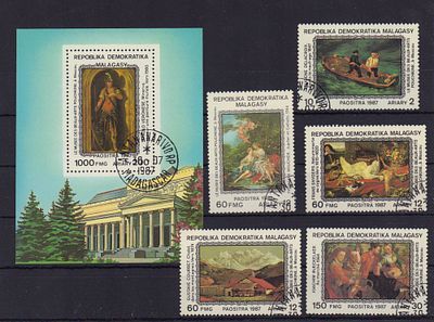 Почтовые марки Мадагаскара. Живопись. 1987 г. Мих. №1098-1102 + Блок 72. Гашеные.
