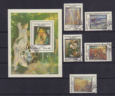 Почтовые марки Мадагаскара. Живопись. 1985 г. Мих. №991-995 + Блок 30. Гашеные.
