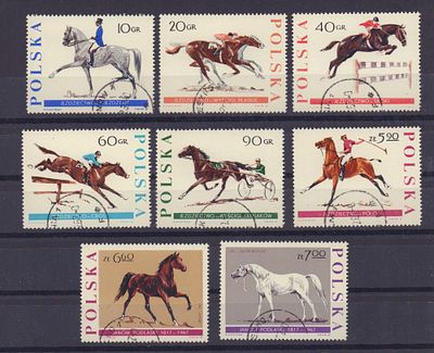 Почтовые марки Польши. Лошади. Скачки. 1967 г. Мих. №1740-1747. Гашеные. С клеем.
